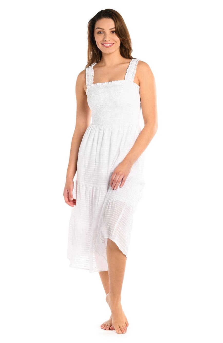 La Blanca White Shadow Stripe Smocked Midi Dress Pockets Tiered Lined Size XL